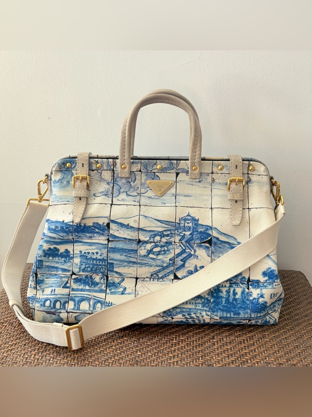 RARE Prada Blue & Cream Scenic Tile-Print Satchel /w Crossbody Strap + COA